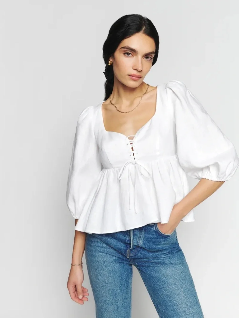 Reformation Abigail 100% Linen Top White Puff Sleeve Lace Up Peplum Size 8